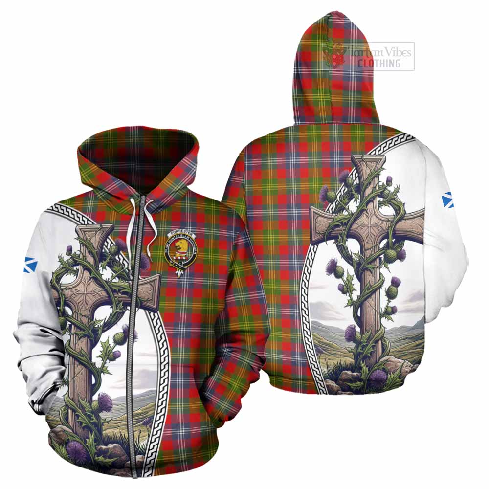 Tartan Vibes Clothing Forrester (Foster) Tartan Hoodie with Family Crest and St. Andrew's Cross Accented by Thistle Vines