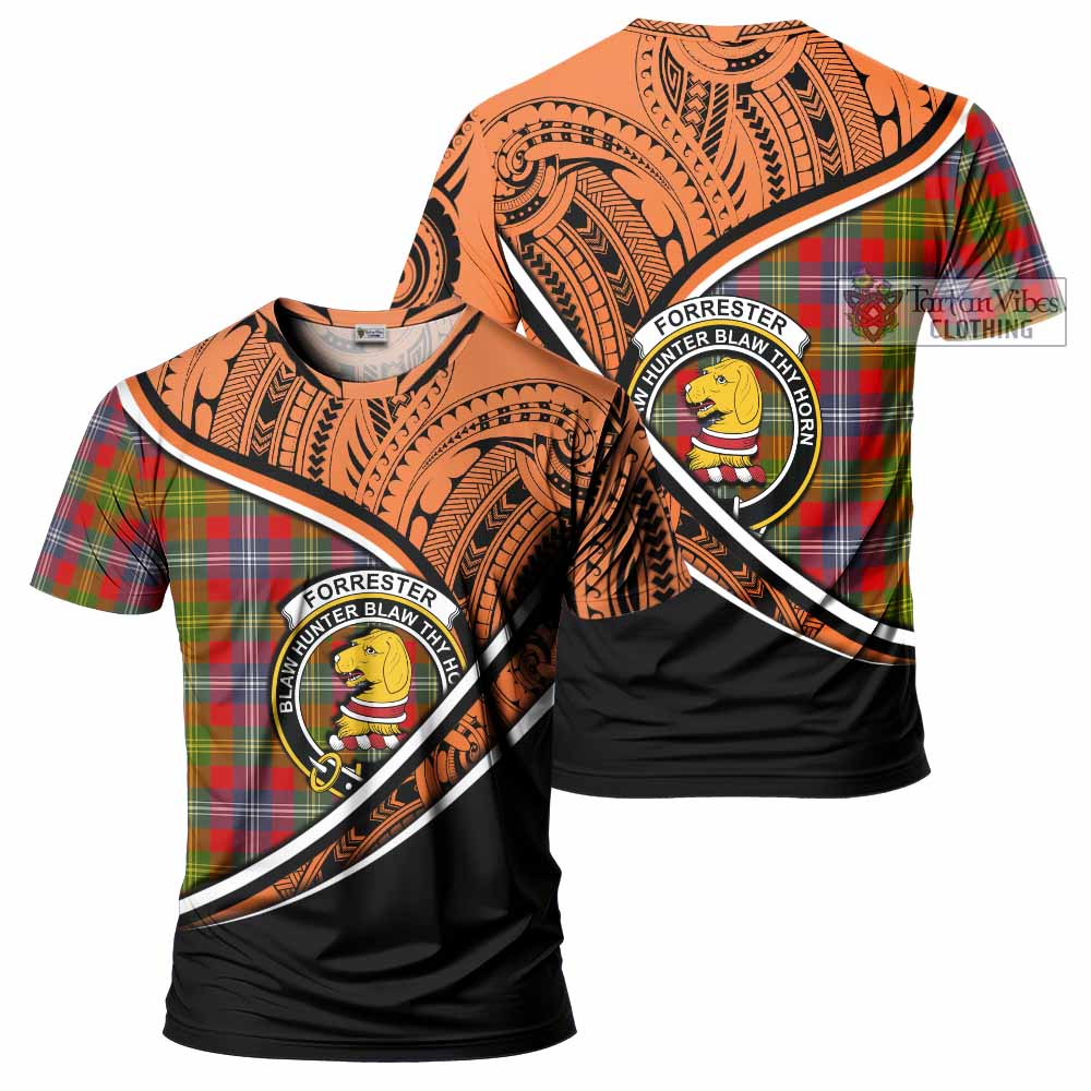 Tartan Vibes Clothing Forrester (Foster) Crest Tartan T-Shirt with Maori Tattoo Style - Orange Version