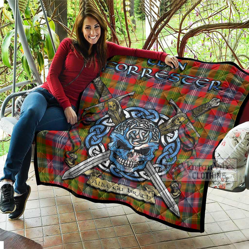 Tartan Vibes Clothing Forrester (Foster) Tartan Quilt with Celtic Skull Alba Gu Brath Style