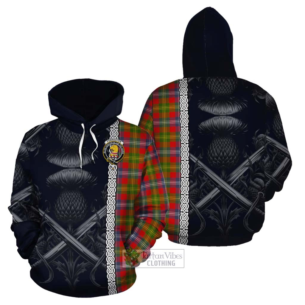 Tartan Vibes Clothing Forrester (Foster) Tartan Cotton Hoodie with Family Crest Cross Sword Thistle Celtic Vibes