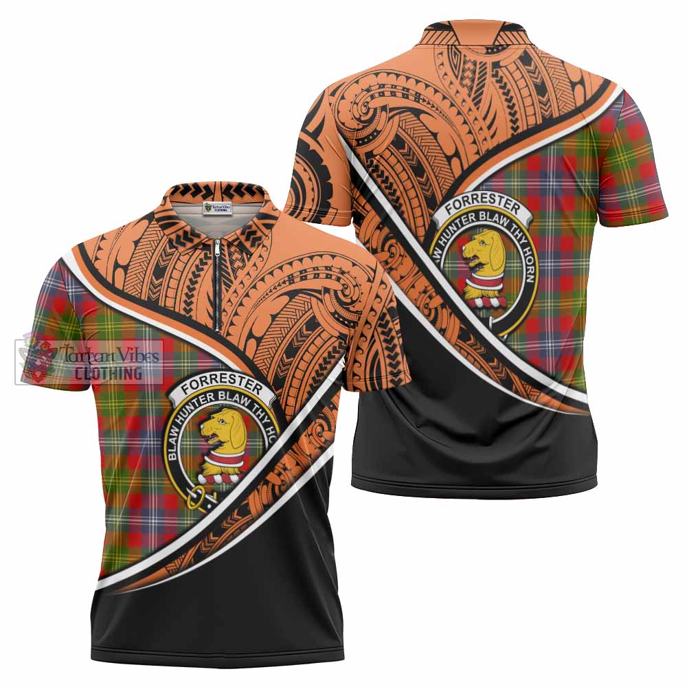 Tartan Vibes Clothing Forrester (Foster) Crest Tartan Zipper Polo Shirt with Maori Tattoo Style - Orange Version