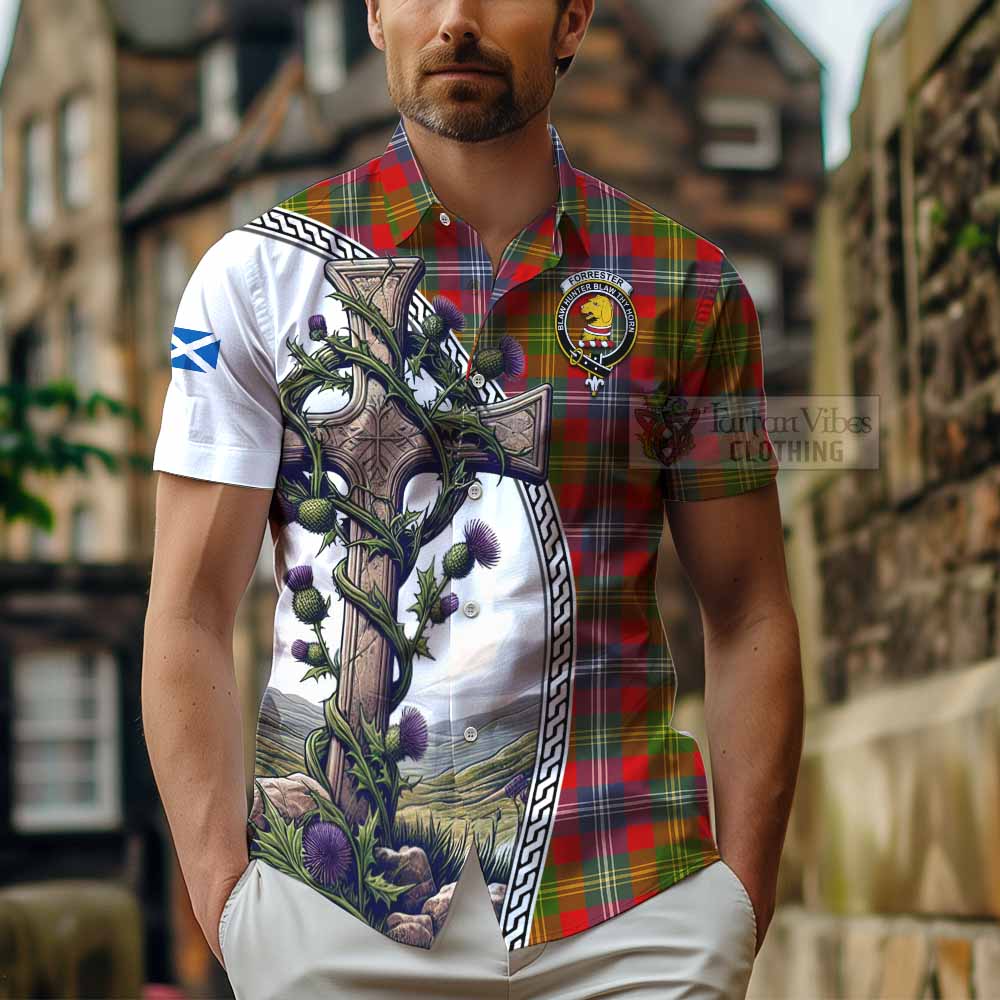 Tartan Vibes Clothing Forrester (Foster) Tartan Short Sleeve Button Shirt with Family Crest and St. Andrew's Cross Accented by Thistle Vines