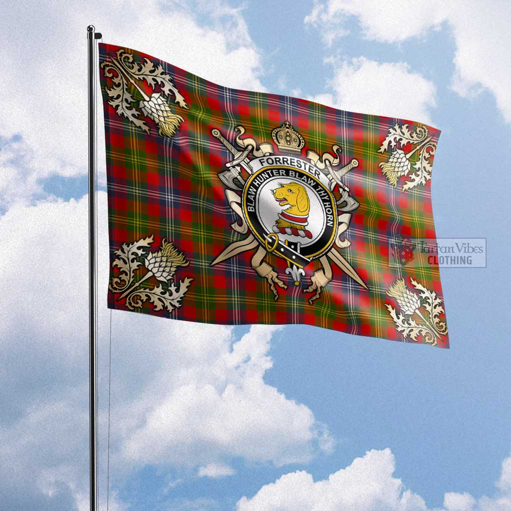 Tartan Vibes Clothing Forrester (Foster) Tartan Flag with Family Crest and Golden Thistle Crossed Sword Design