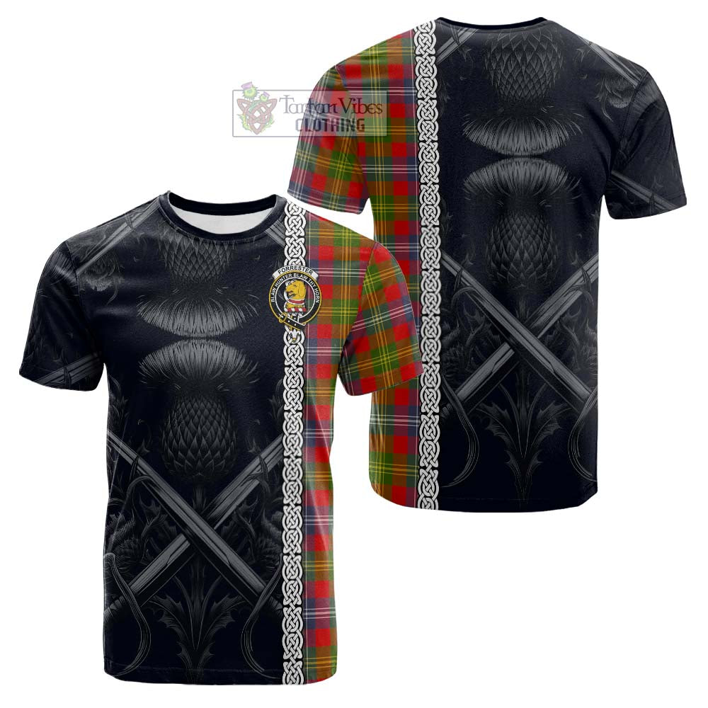 Tartan Vibes Clothing Forrester (Foster) Tartan Cotton T-shirt with Family Crest Cross Sword Thistle Celtic Vibes