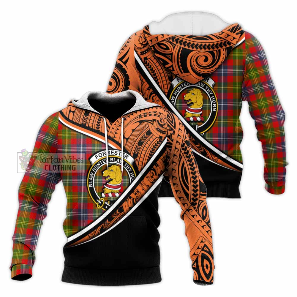 Tartan Vibes Clothing Forrester (Foster) Crest Tartan Knitted Hoodie with Maori Tattoo Style - Orange Version