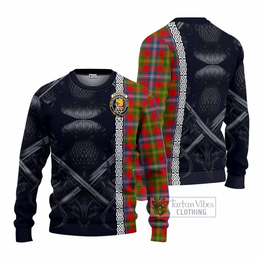 Tartan Vibes Clothing Forrester (Foster) Tartan Knitted Sweater with Family Crest Cross Sword Thistle Celtic Vibes