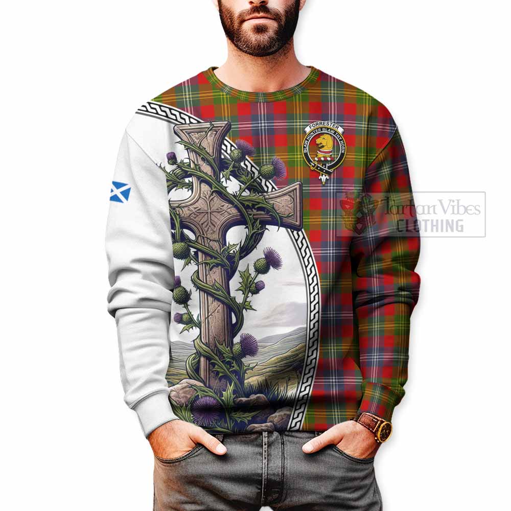 Tartan Vibes Clothing Forrester (Foster) Tartan Sweatshirt with Family Crest and St. Andrew's Cross Accented by Thistle Vines