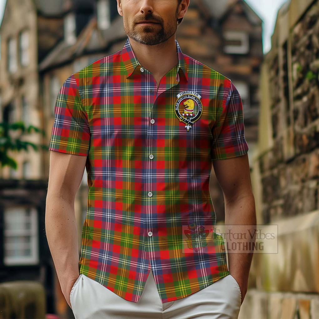 Tartan Vibes Clothing Forrester (Foster) Tartan Short Sleeve Button Shirt with Family Crest and Bearded Skull Holding Bottles of Whiskey