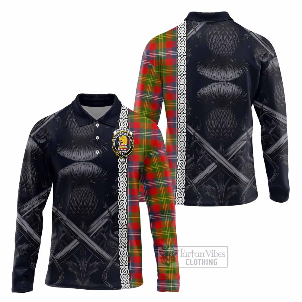 Tartan Vibes Clothing Forrester (Foster) Tartan Long Sleeve Polo Shirt with Family Crest Cross Sword Thistle Celtic Vibes