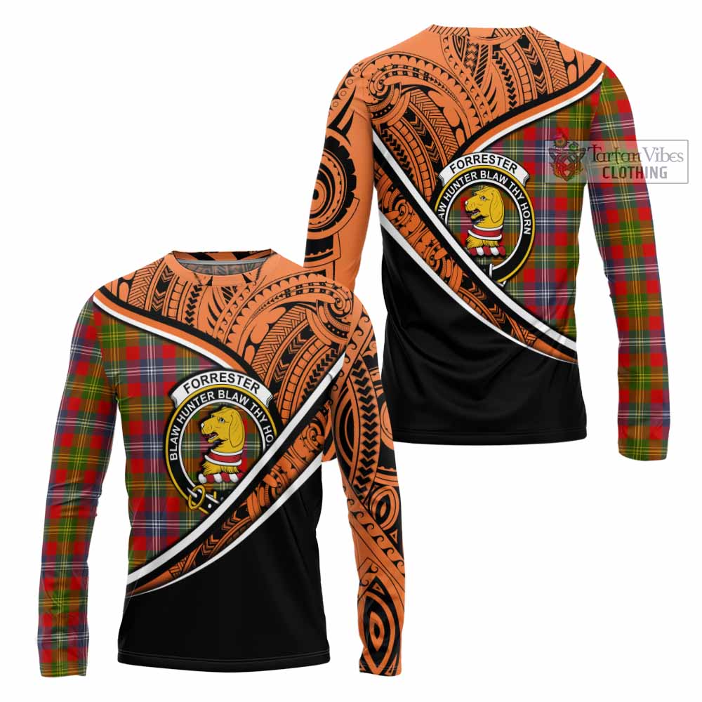 Tartan Vibes Clothing Forrester (Foster) Crest Tartan Long Sleeve T-Shirt with Maori Tattoo Style - Orange Version