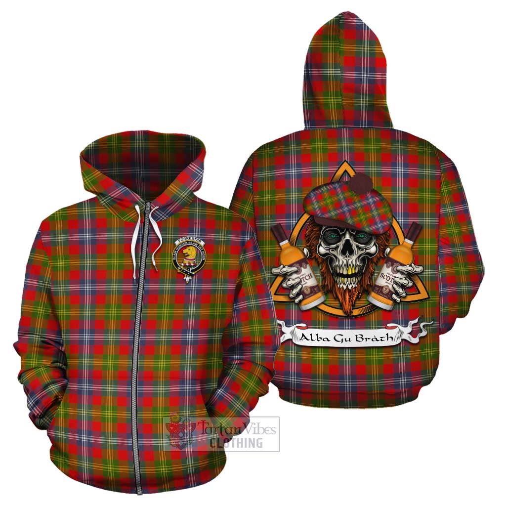 Tartan Vibes Clothing Forrester (Foster) Tartan Cotton Hoodie with Family Crest and Bearded Skull Holding Bottles of Whiskey