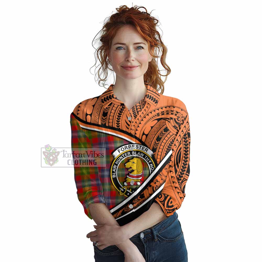 Tartan Vibes Clothing Forrester (Foster) Crest Tartan Women's Casual Shirt with Maori Tattoo Style - Orange Version