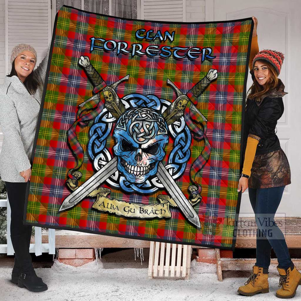 Tartan Vibes Clothing Forrester (Foster) Tartan Quilt with Celtic Skull Alba Gu Brath Style