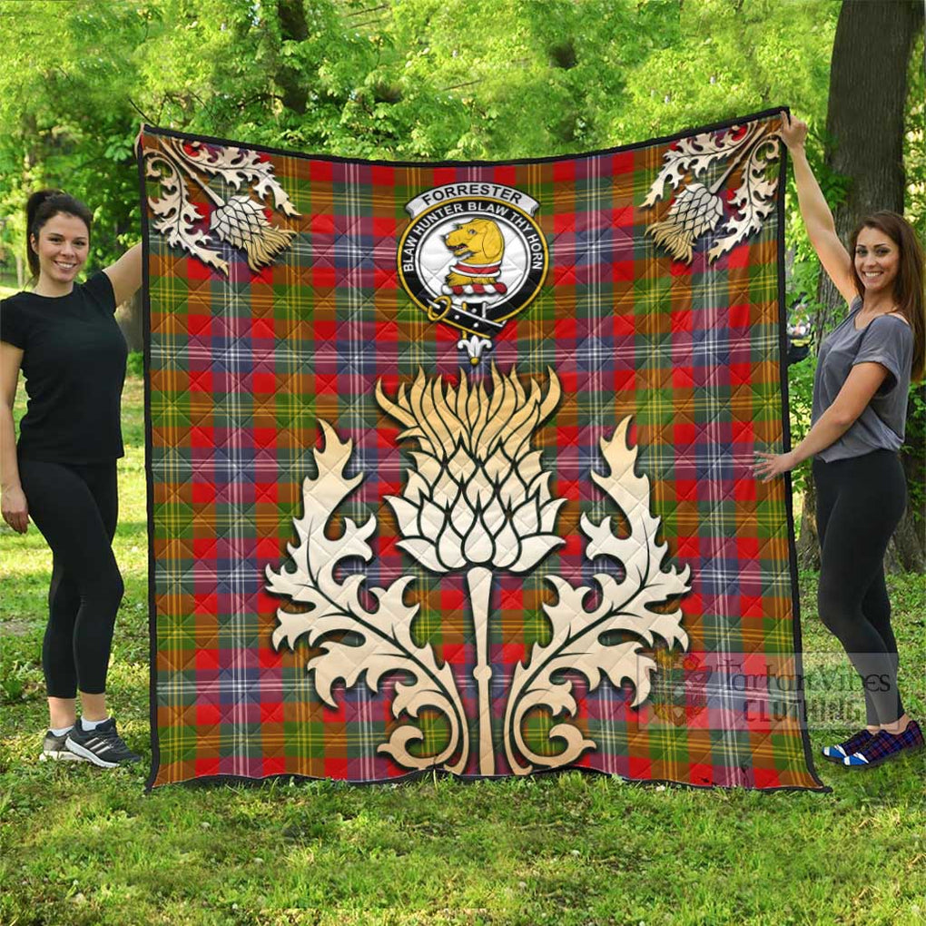 Tartan Vibes Clothing Forrester (Foster) Tartan Quilt with Family Crest and Golden Thistle Style