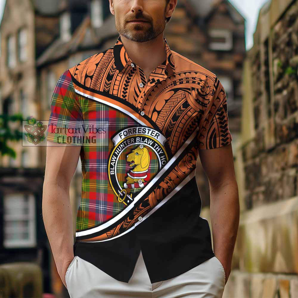 Tartan Vibes Clothing Forrester (Foster) Crest Tartan Short Sleeve Button Shirt with Maori Tattoo Style - Orange Version