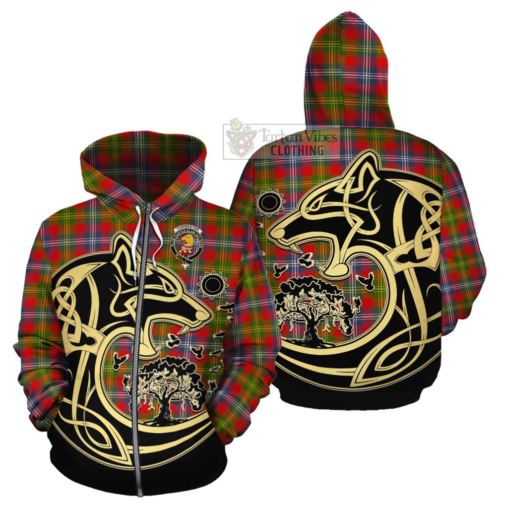 Tartan Vibes Clothing Forrester (Foster) Tartan Cotton Hoodie with Family Crest Celtic Wolf Style