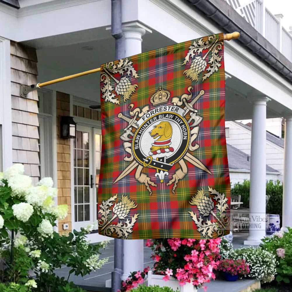 Tartan Vibes Clothing Forrester (Foster) Tartan Flag with Family Crest and Golden Thistle Crossed Sword Design