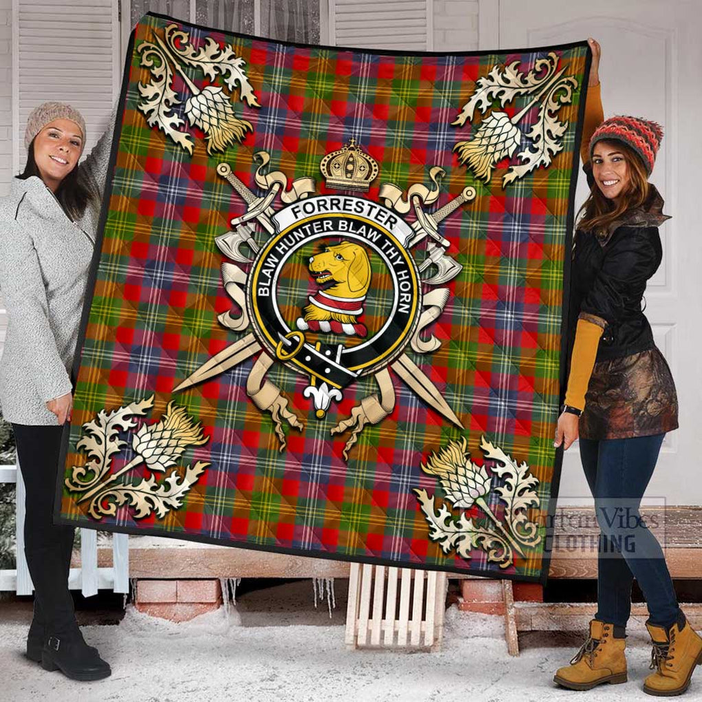 Tartan Vibes Clothing Forrester (Foster) Tartan Quilt with Family Crest and Scottish Golden Courage Shield