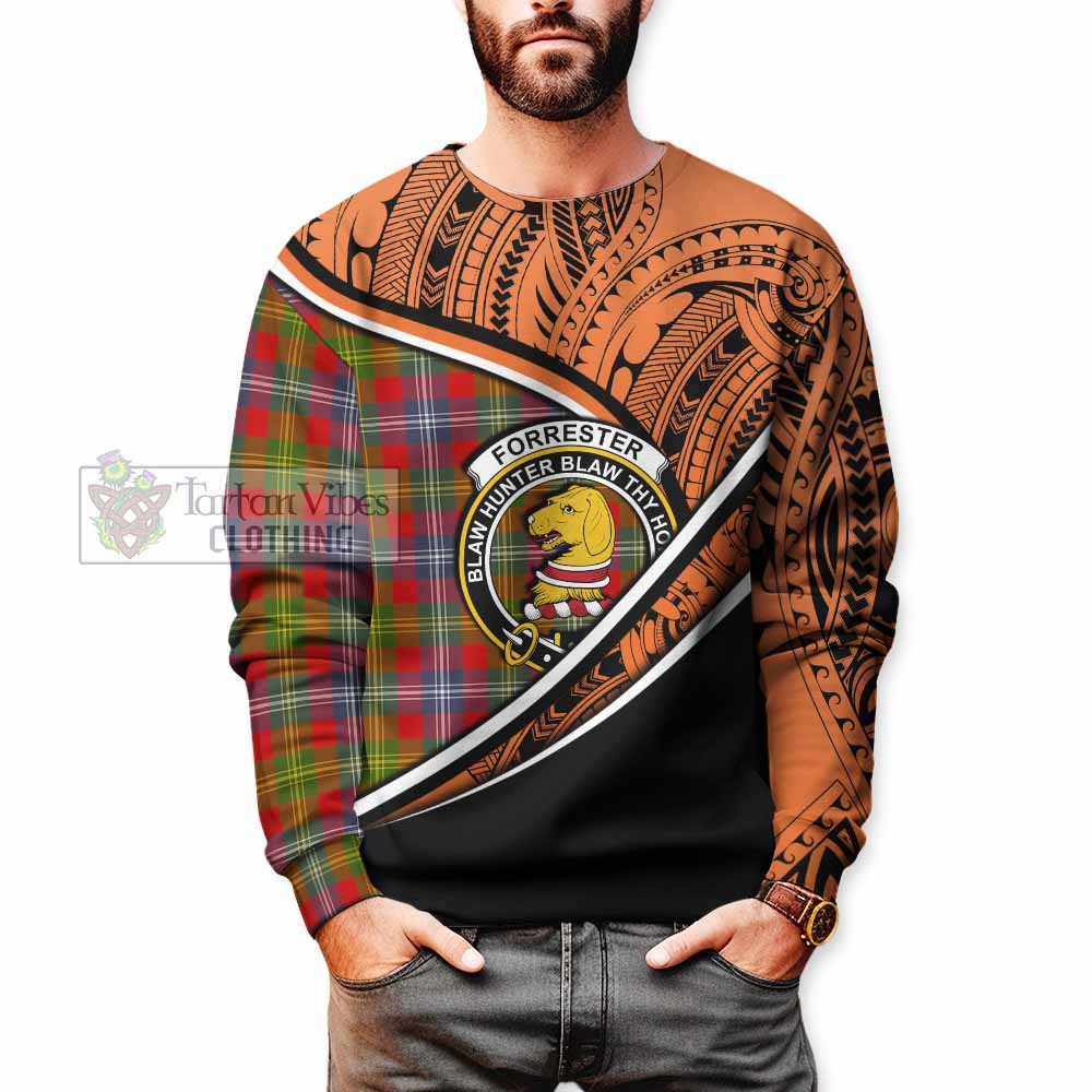 Tartan Vibes Clothing Forrester (Foster) Crest Tartan Sweatshirt with Maori Tattoo Style - Orange Version