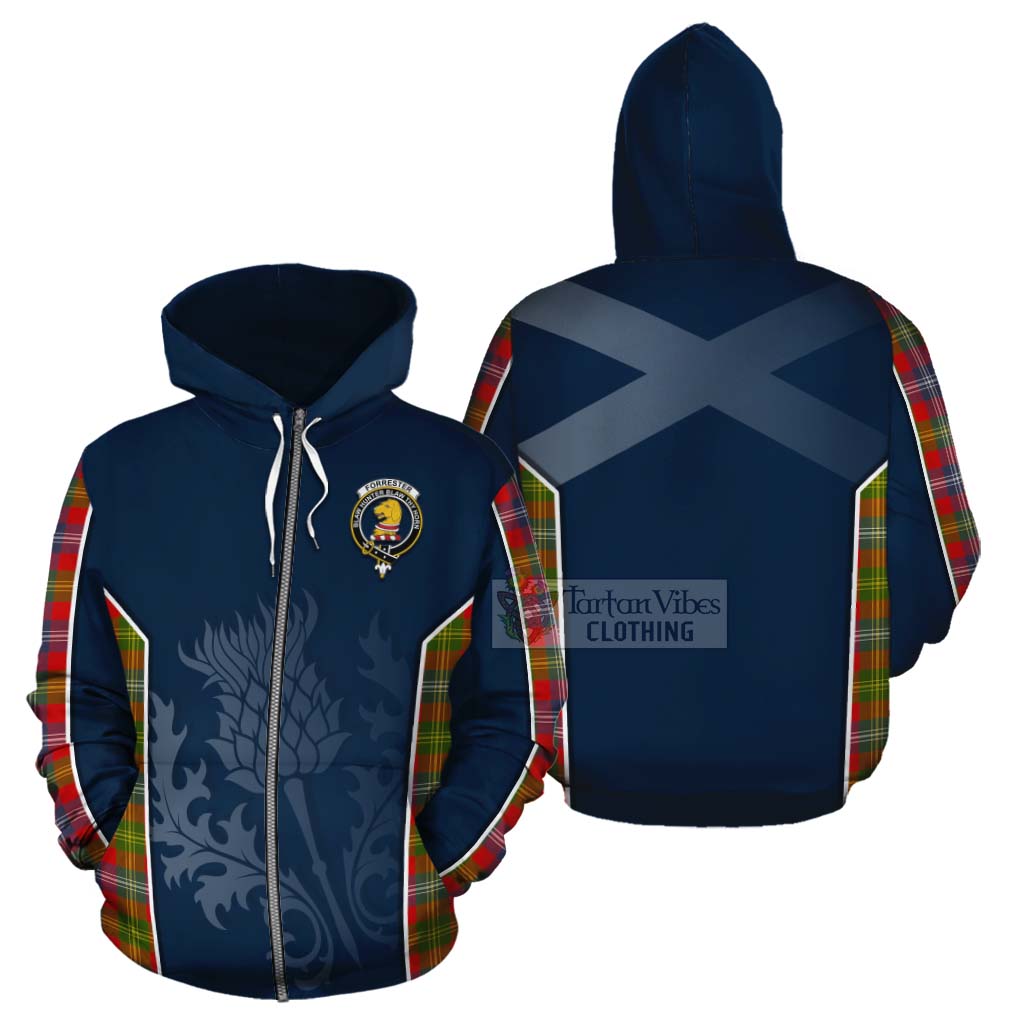 Tartan Vibes Clothing Forrester (Foster) Tartan Cotton Hoodie with Family Crest and Scottish Thistle Vibes Sport Style