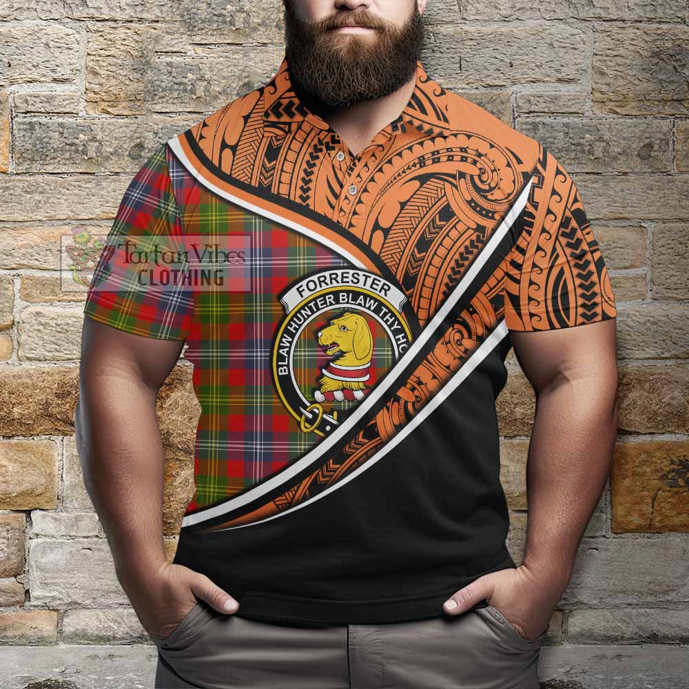 Tartan Vibes Clothing Forrester (Foster) Crest Tartan Polo Shirt with Maori Tattoo Style - Orange Version