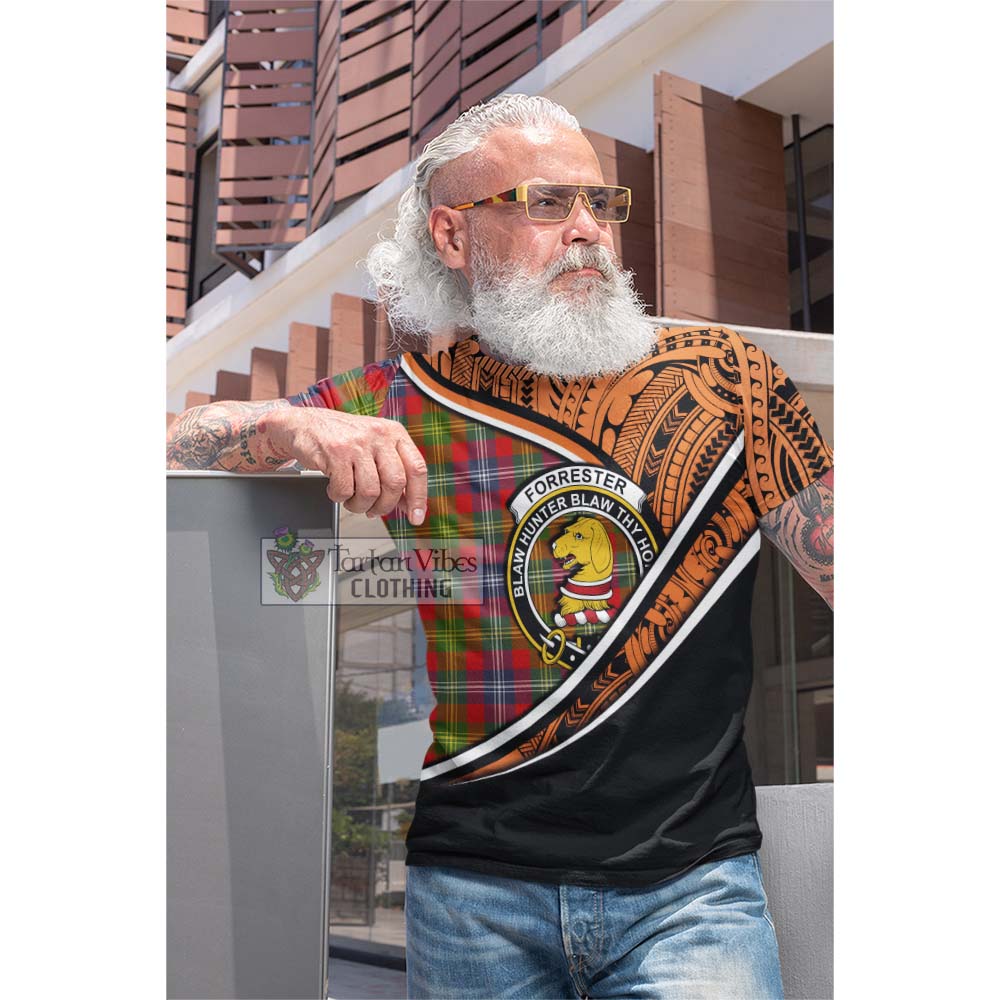 Tartan Vibes Clothing Forrester (Foster) Crest Tartan Cotton T-shirt with Maori Tattoo Style - Orange Version