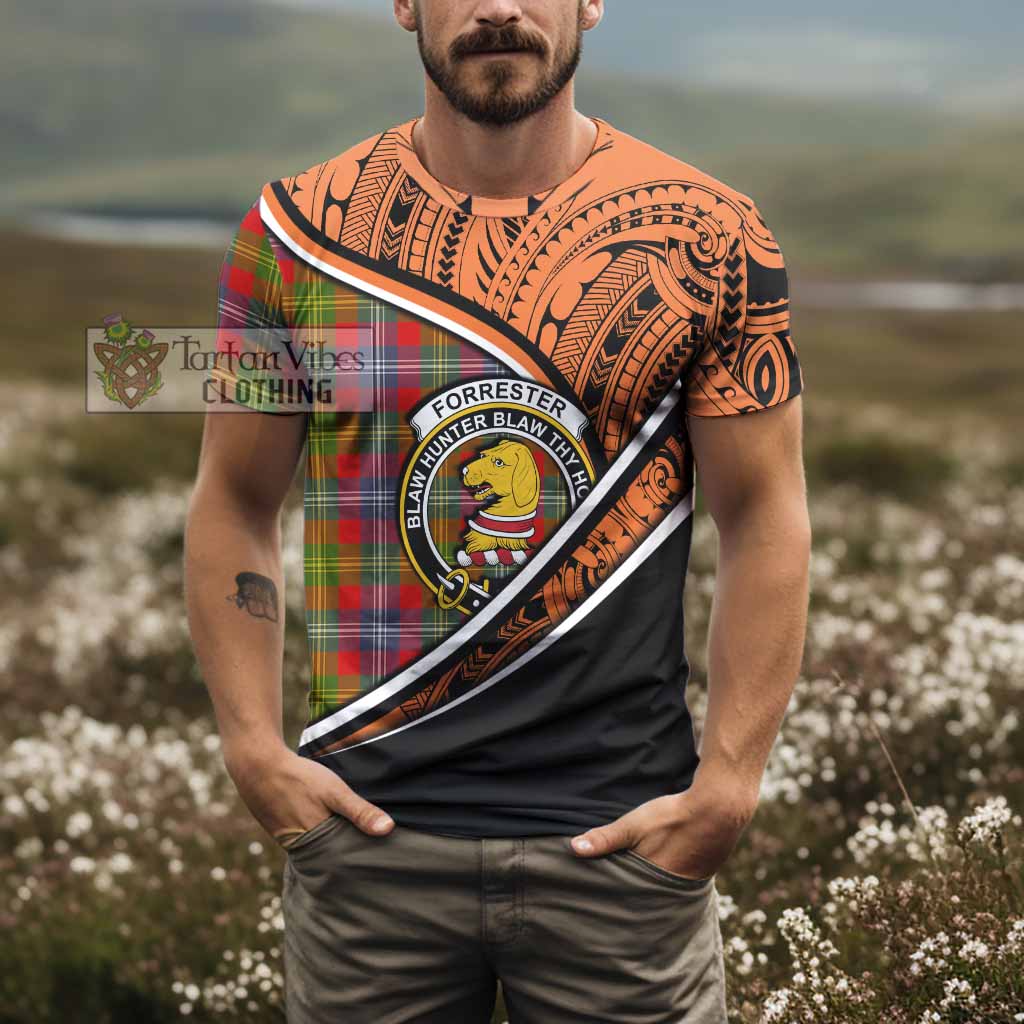 Tartan Vibes Clothing Forrester (Foster) Crest Tartan T-Shirt with Maori Tattoo Style - Orange Version