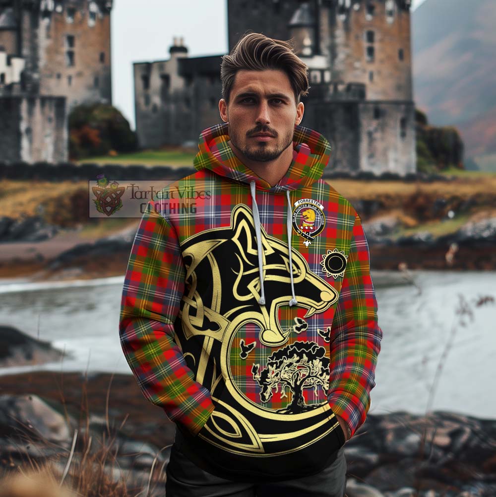 Tartan Vibes Clothing Forrester (Foster) Tartan Cotton Hoodie with Family Crest Celtic Wolf Style