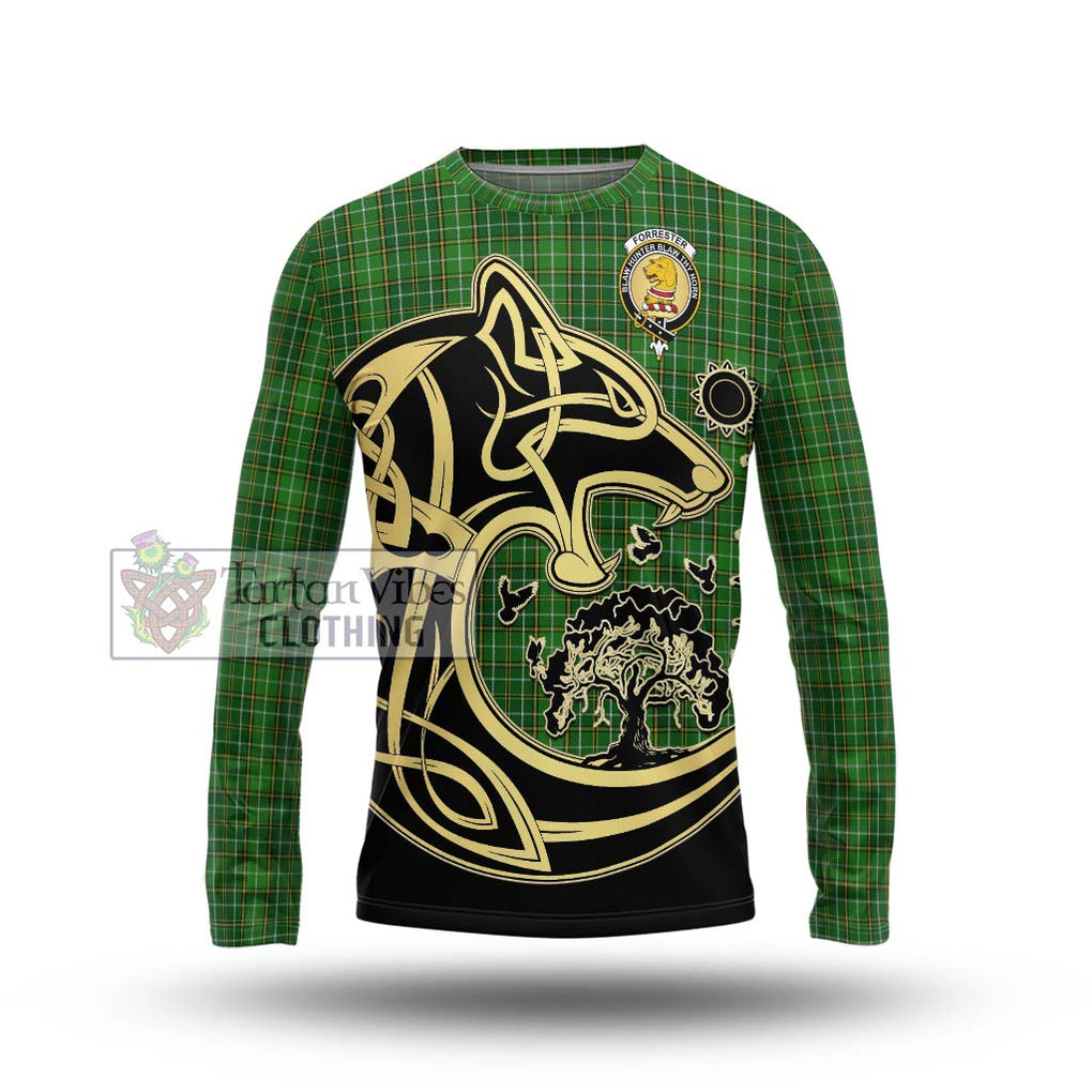 Forrester Hunting Tartan Long Sleeve T-Shirt with Family Crest Celtic Wolf Style Unisex - Tartan Vibes Clothing