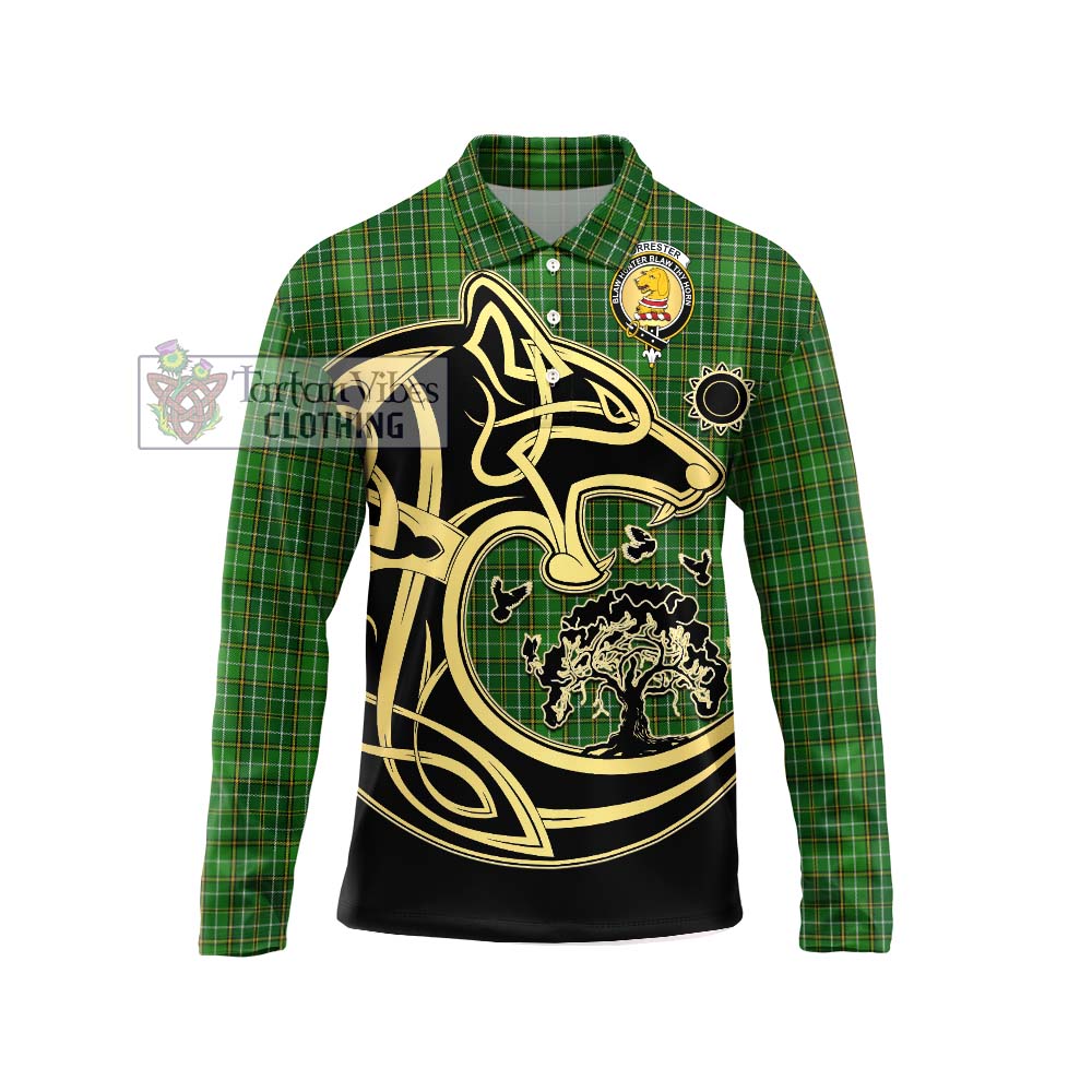 Forrester Hunting Tartan Long Sleeve Polo Shirt with Family Crest Celtic Wolf Style Unisex - Tartanvibesclothing Shop