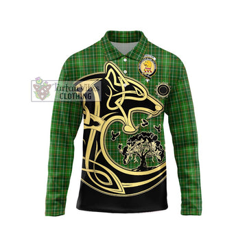 Forrester Hunting Tartan Long Sleeve Polo Shirt with Family Crest Celtic Wolf Style