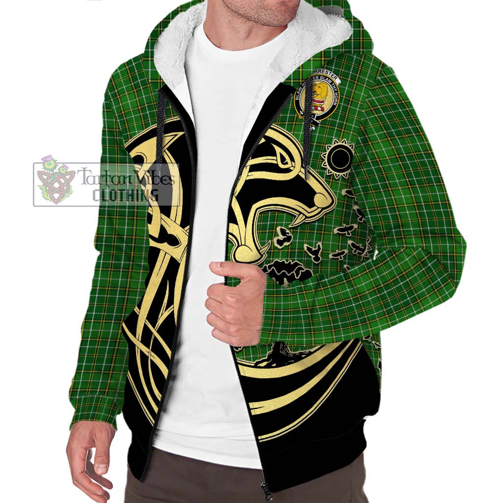 Forrester Hunting Tartan Sherpa Hoodie with Family Crest Celtic Wolf Style Unisex S - Tartan Vibes Clothing