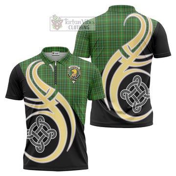 Forrester Hunting Tartan Zipper Polo Shirt with Family Crest and Celtic Symbol Style