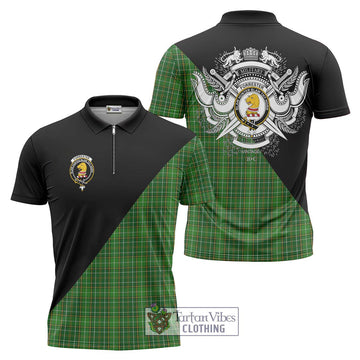 Forrester Hunting Tartan Zipper Polo Shirt with Family Crest and Military Logo Style