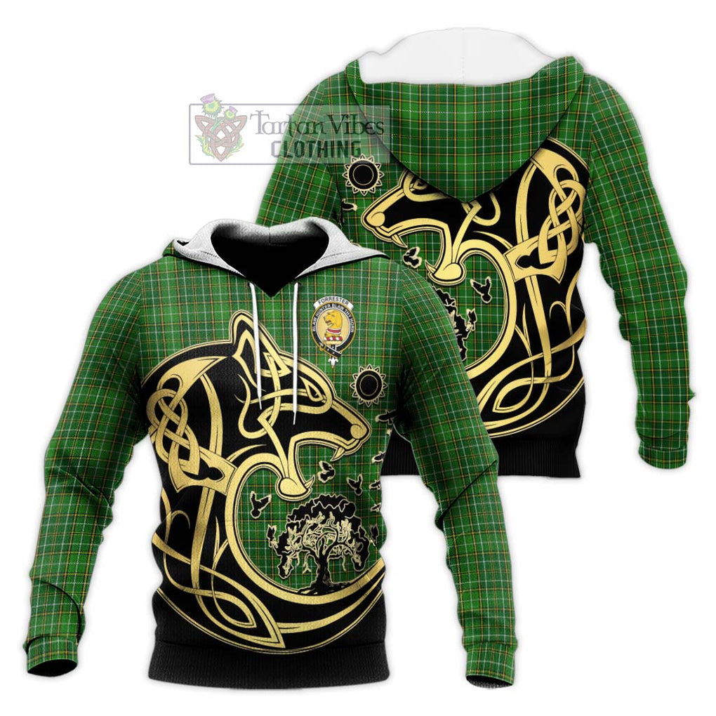 Forrester Hunting Tartan Knitted Hoodie with Family Crest Celtic Wolf Style Unisex Knitted Pullover Hoodie - Tartan Vibes Clothing