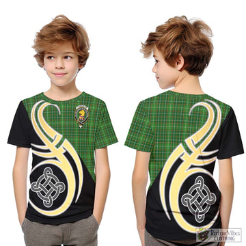 Forrester Hunting Tartan Kid T-Shirt with Family Crest and Celtic Symbol Style