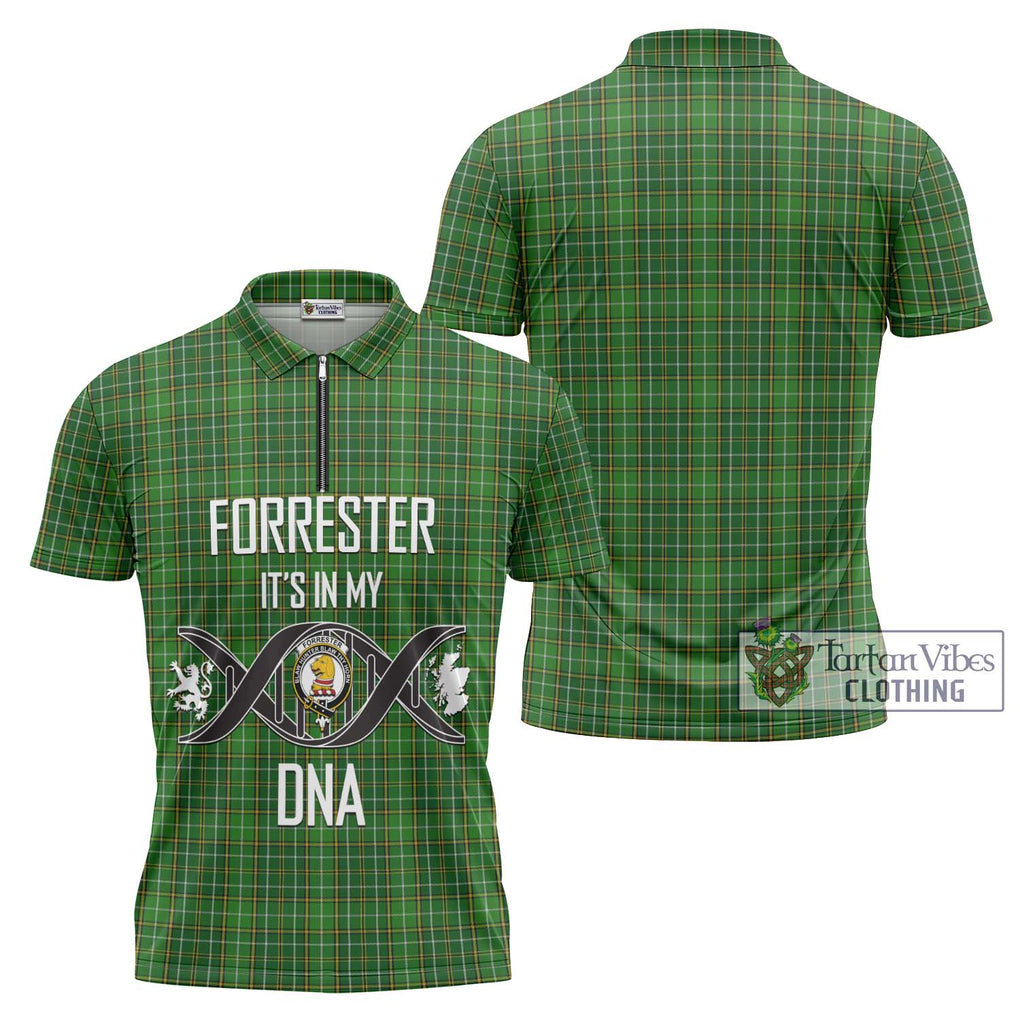 Forrester Hunting Tartan Zipper Polo Shirt with Family Crest DNA In Me Style Unisex - Tartanvibesclothing Shop