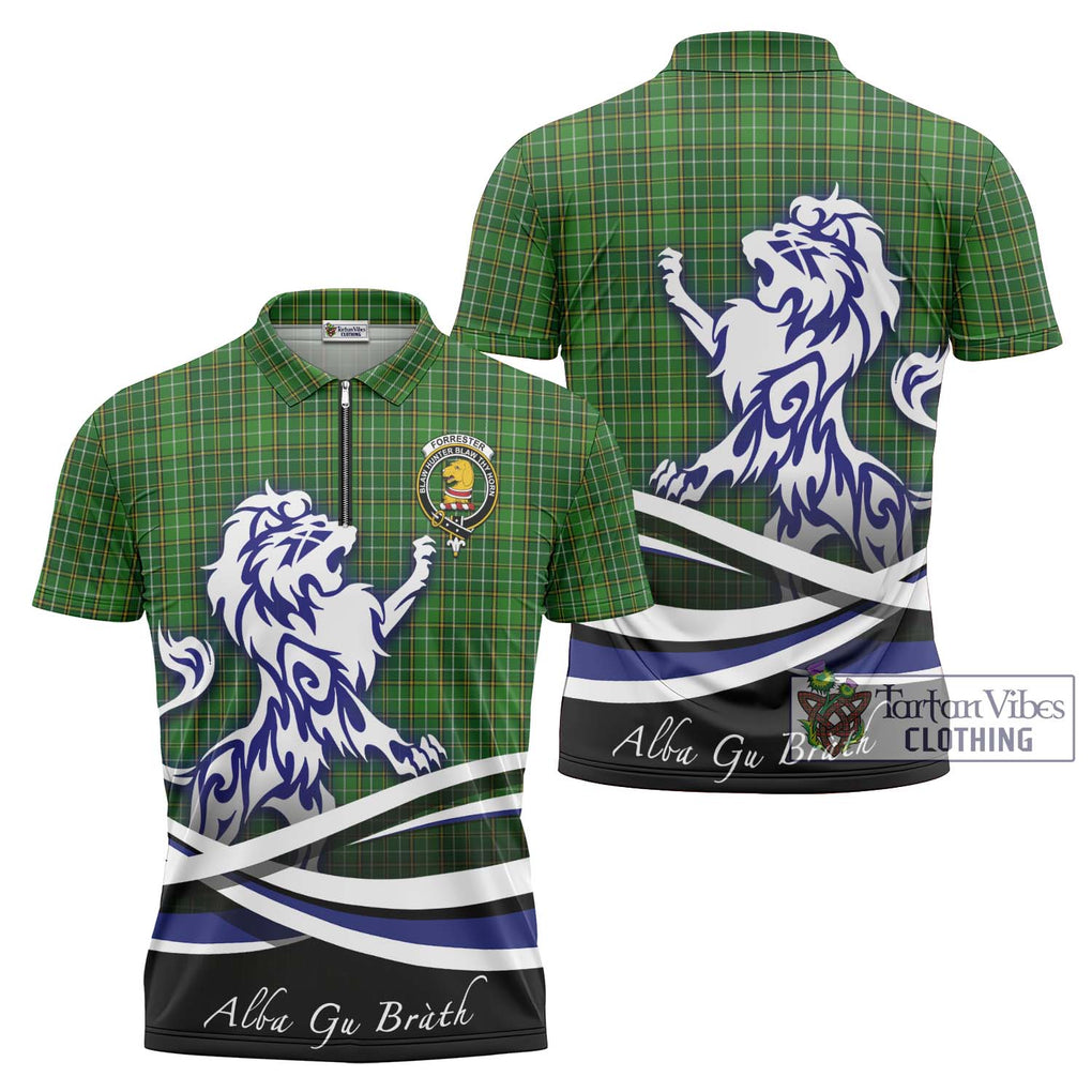 Forrester Hunting Tartan Zipper Polo Shirt with Alba Gu Brath Regal Lion Emblem Unisex - Tartanvibesclothing Shop