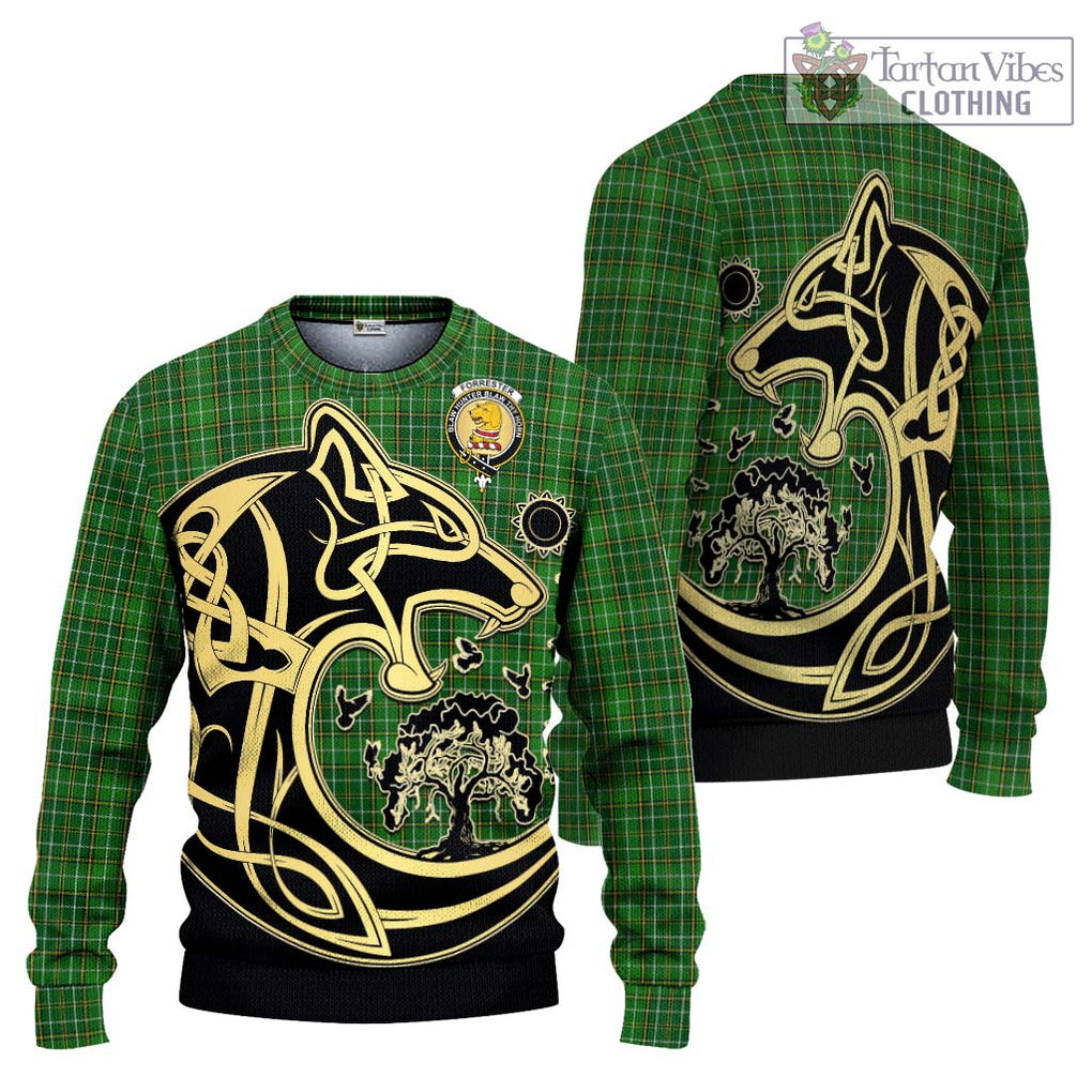 Forrester Hunting Tartan Knitted Sweater with Family Crest Celtic Wolf Style Unisex - Tartan Vibes Clothing