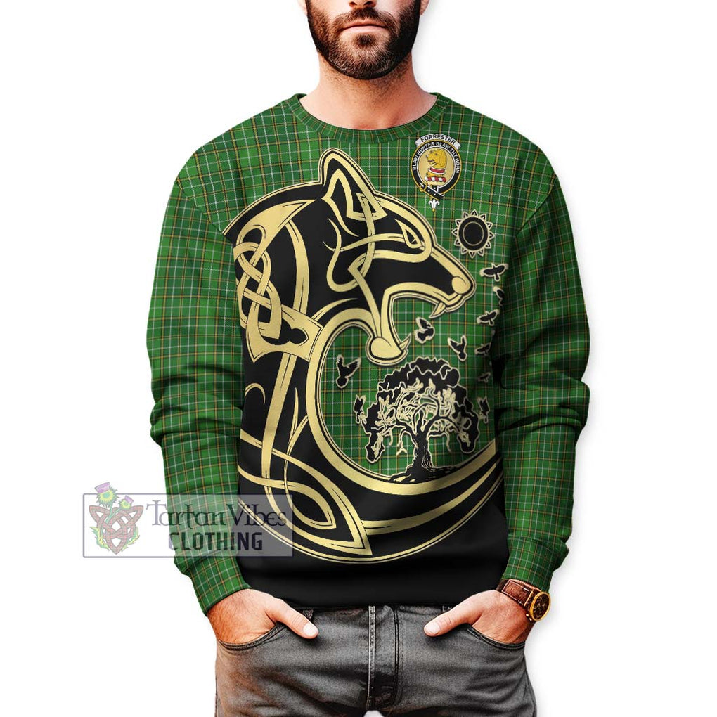 Forrester Hunting Tartan Sweatshirt with Family Crest Celtic Wolf Style Unisex - Tartan Vibes Clothing