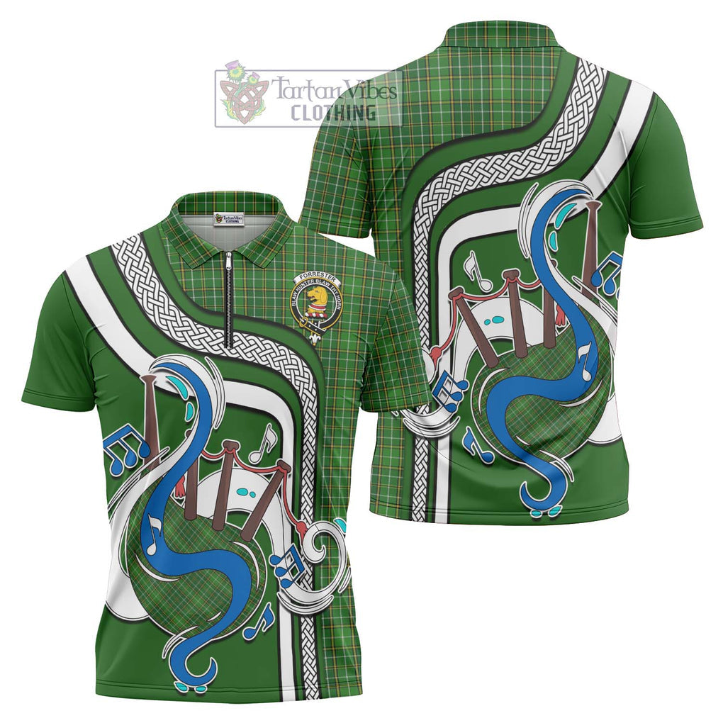 Forrester Hunting Tartan Zipper Polo Shirt with Epic Bagpipe Style Unisex - Tartanvibesclothing Shop