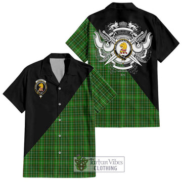 Forrester Hunting Tartan Short Sleeve Button Shirt with Family Crest and Military Logo Style