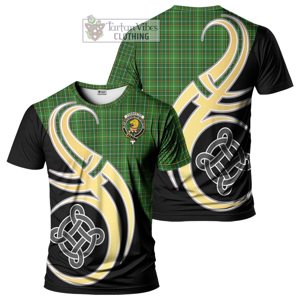 Tartan Vibes Clothing Forrester Hunting Tartan T-Shirt with Family Crest and Celtic Symbol Style