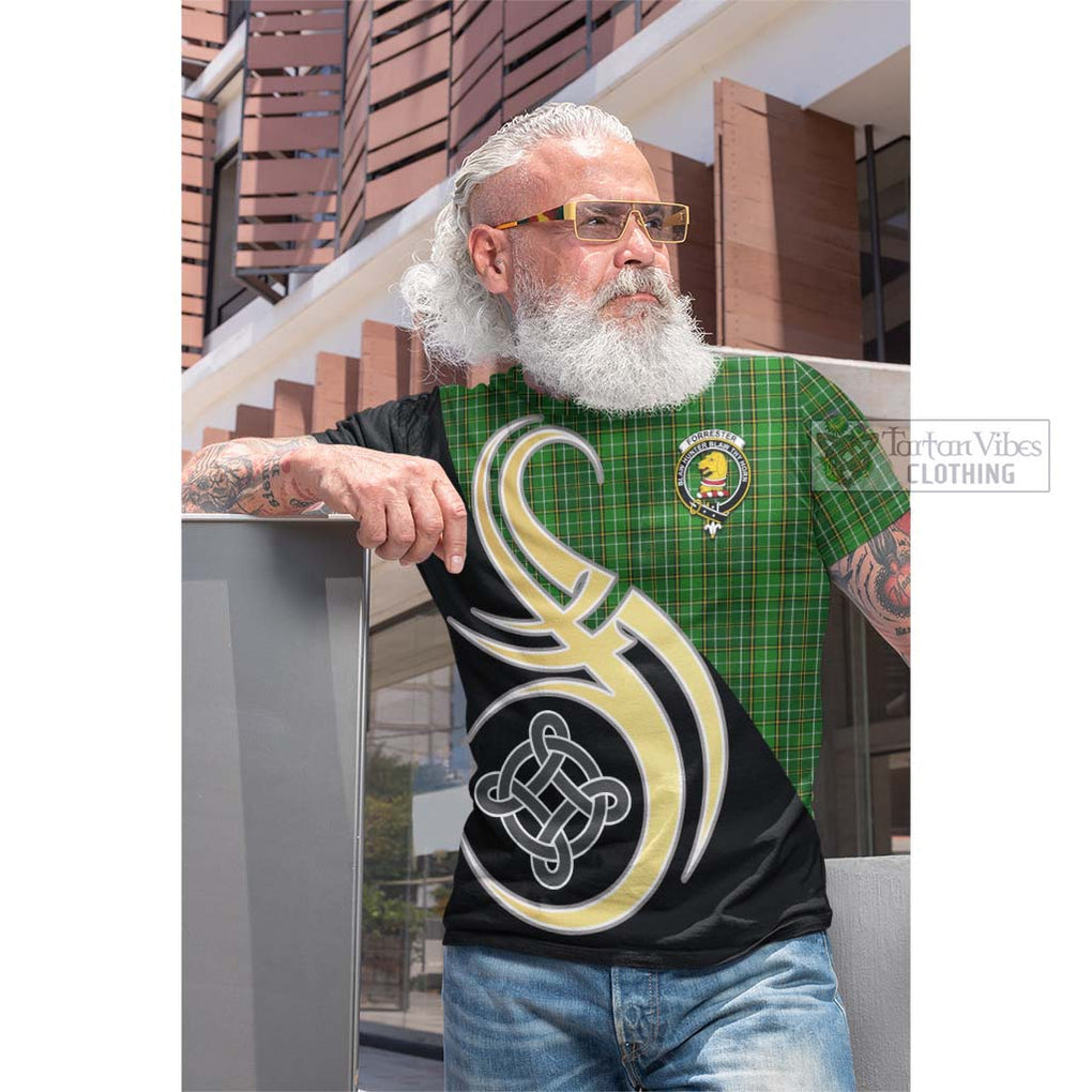 Tartan Vibes Clothing Forrester Hunting Tartan Cotton T-shirt with Family Crest and Celtic Symbol Style