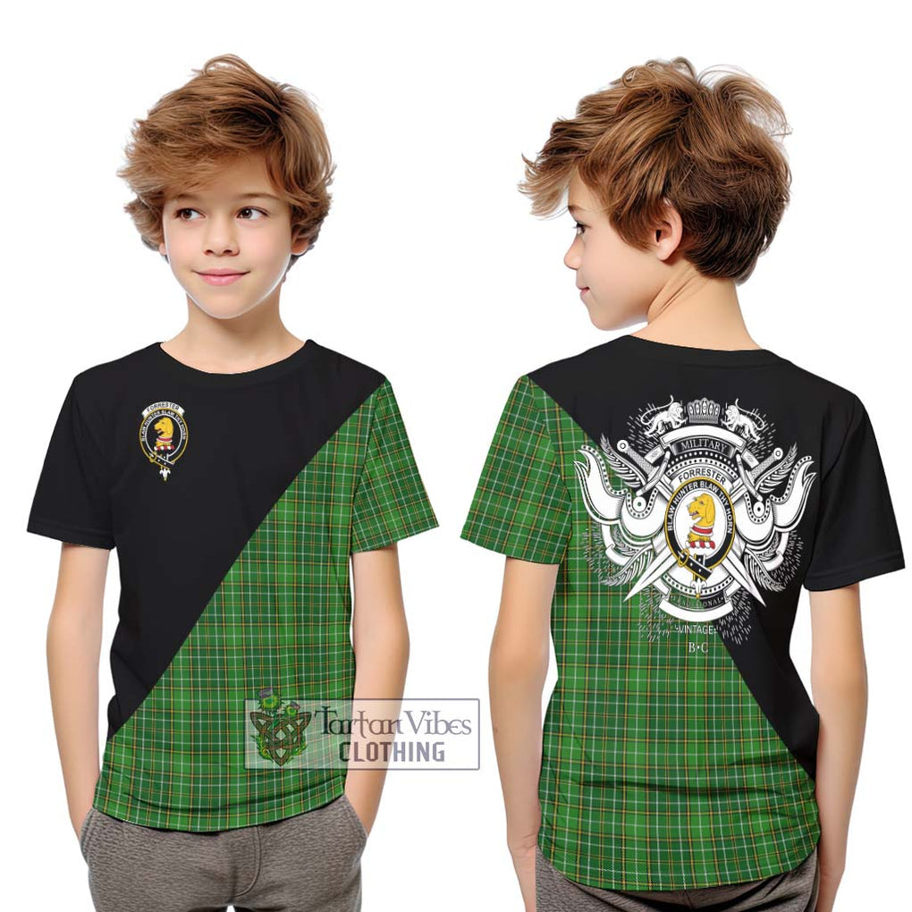 Forrester Hunting Tartan Kid T-Shirt with Family Crest and Military Logo Style Youth XL Size14 - Tartanvibesclothing Shop