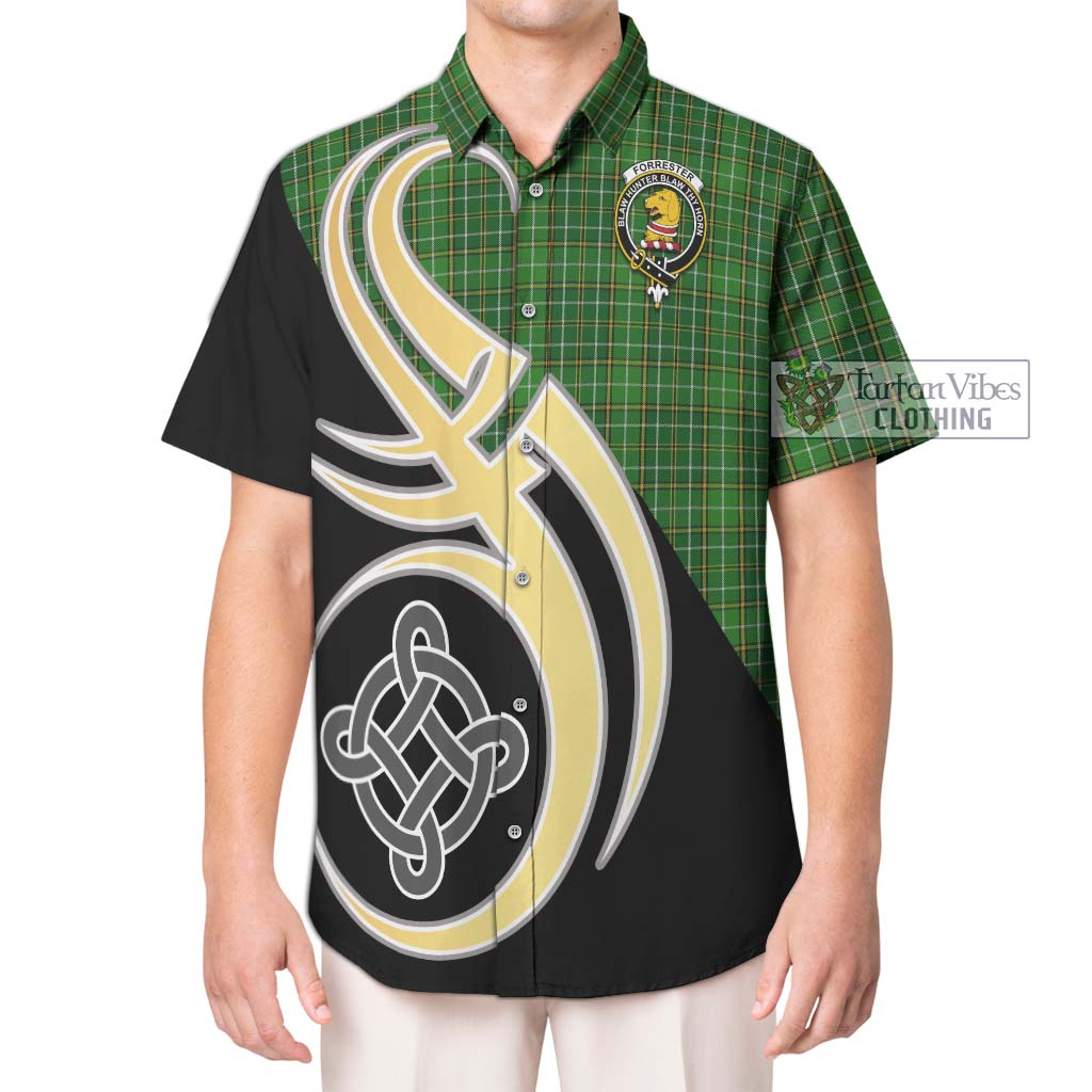 Forrester Hunting Tartan Short Sleeve Button Shirt with Family Crest and Celtic Symbol Style Kid - Tartan Vibes Clothing