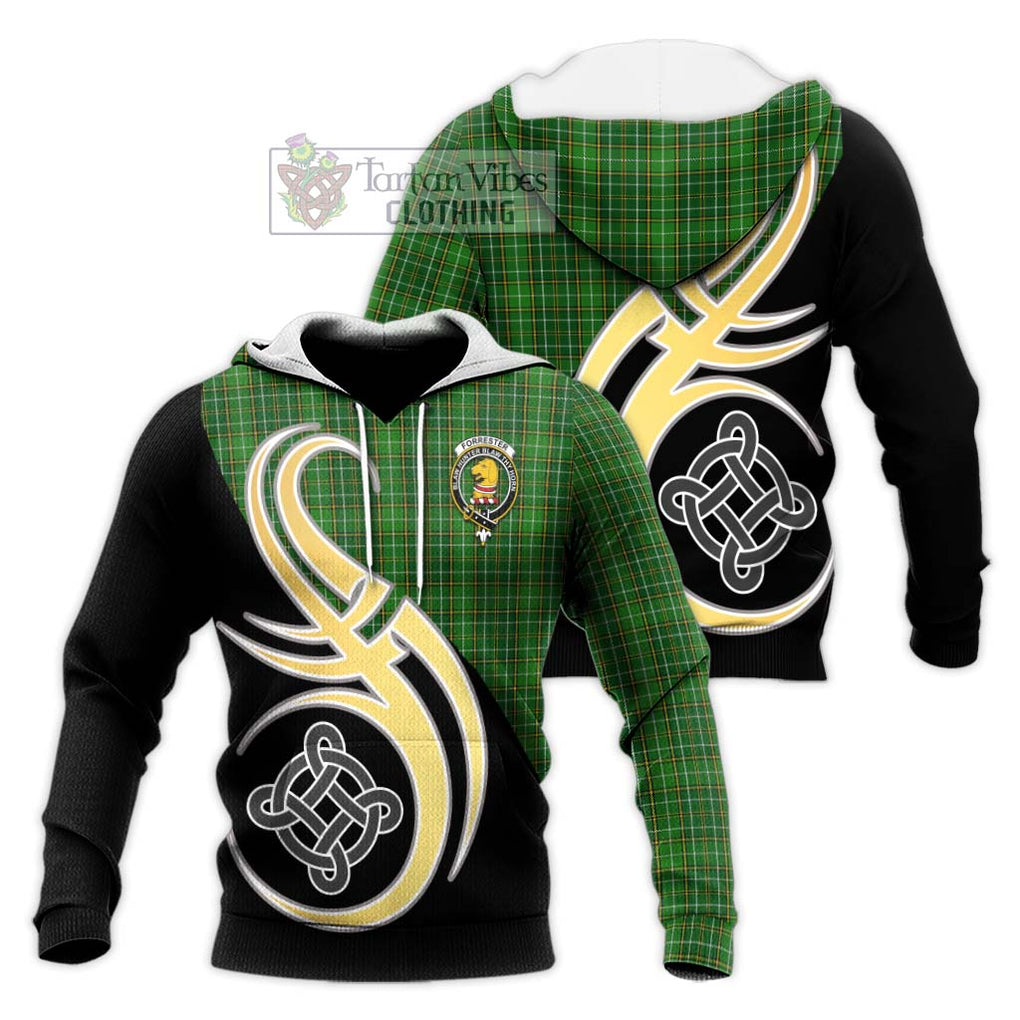 Forrester Hunting Tartan Knitted Hoodie with Family Crest and Celtic Symbol Style Unisex Knitted Pullover Hoodie - Tartan Vibes Clothing