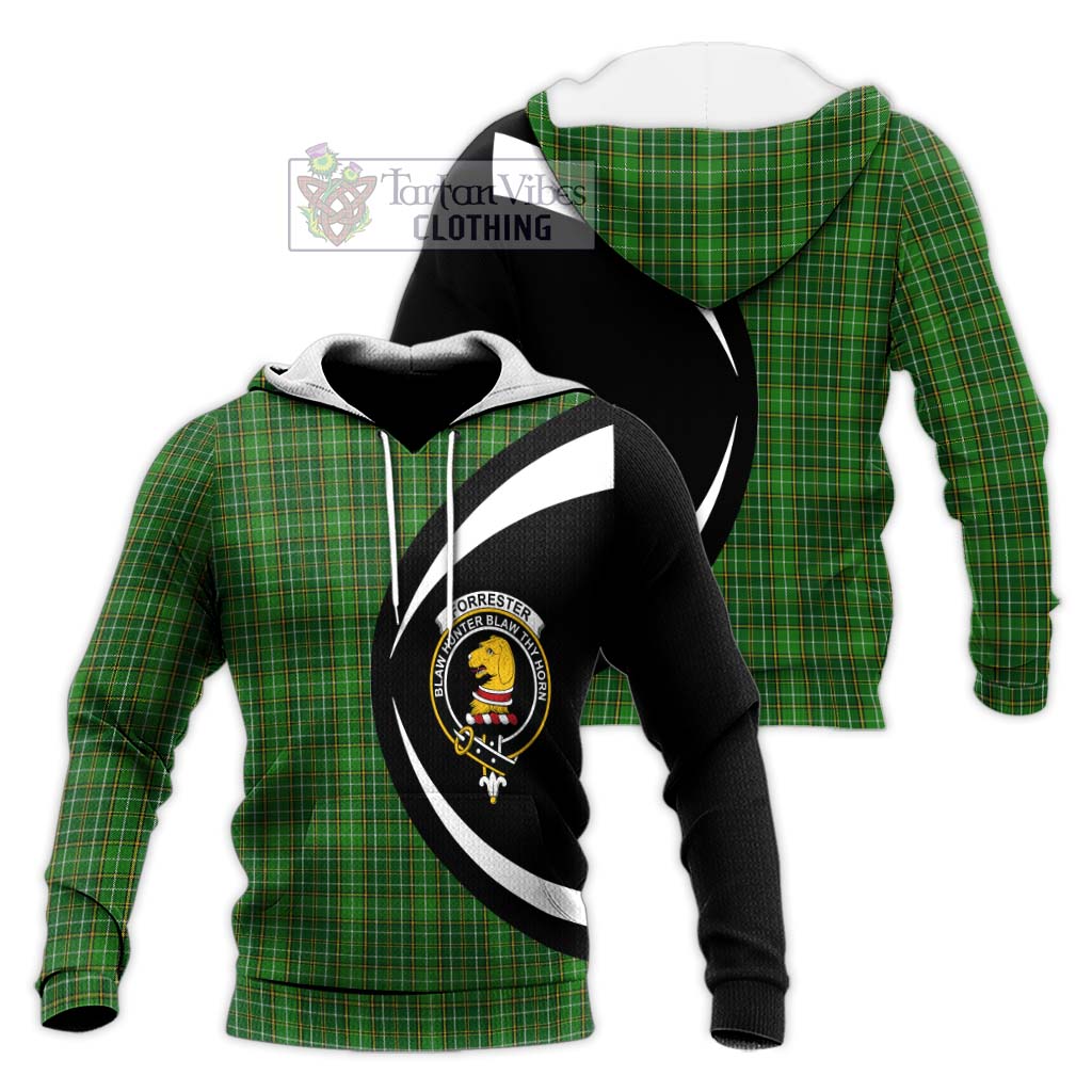 Forrester Hunting Tartan Knitted Hoodie with Family Crest Circle Style Unisex Knitted Pullover Hoodie - Tartan Vibes Clothing