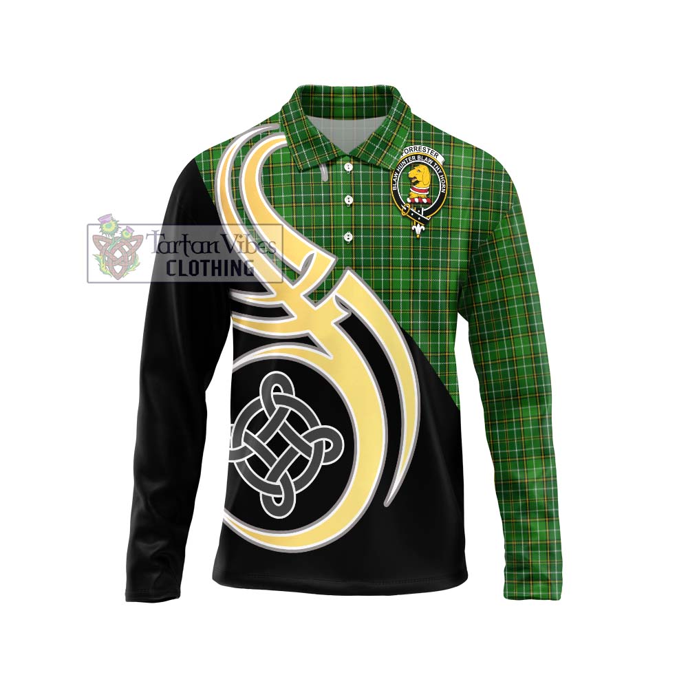 Forrester Hunting Tartan Long Sleeve Polo Shirt with Family Crest and Celtic Symbol Style Unisex - Tartan Vibes Clothing