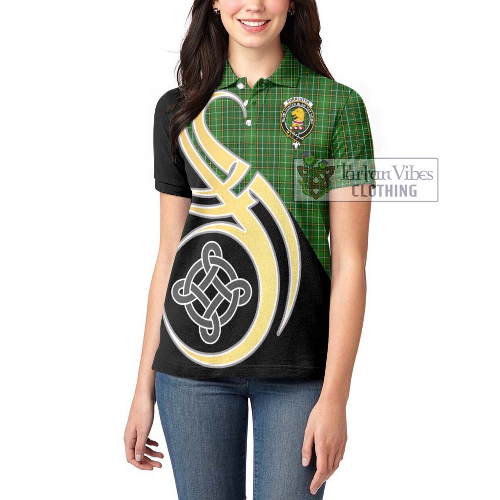 Forrester Hunting Tartan Women's Polo Shirt with Family Crest and Celtic Symbol Style Women - Tartan Vibes Clothing